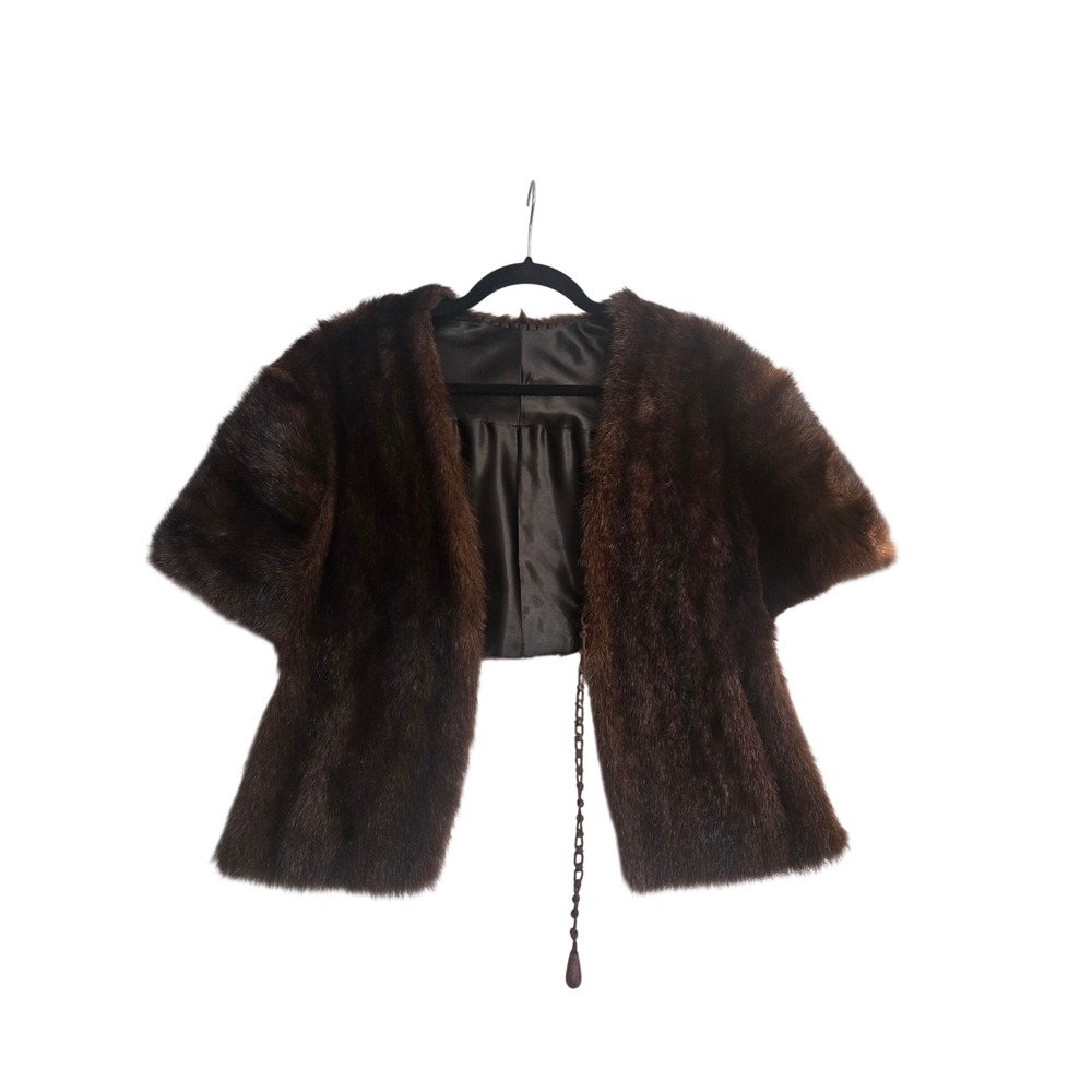 Vintage Real Mink Fur Stole Capelet Dark Brown Cropped Wrap Bolero Jacket
